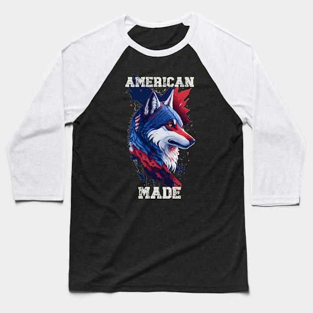 American 4th of July American Made Wolf Baseball T-Shirt by LittleBearBlue